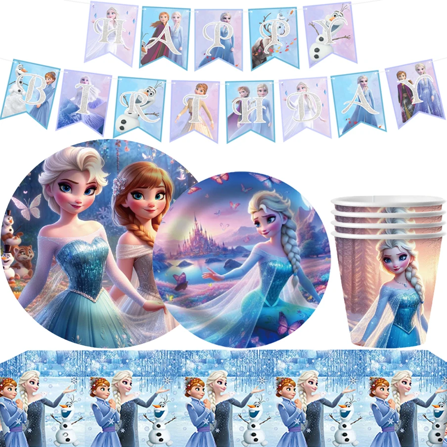 

Disney Frozen Birthday Party Decorations Princess Anna Elsa Theme Party Set Disposable Tableware Banner Set