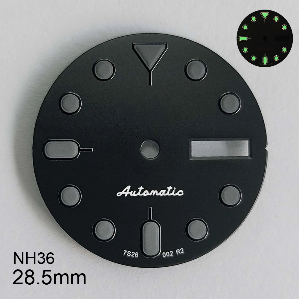 28.5mm SKX007 S5 Dial Fit NH36/4R36 Movement Green Luminous Quality Matte Black Dual Calendar Watch Modification Accessories
