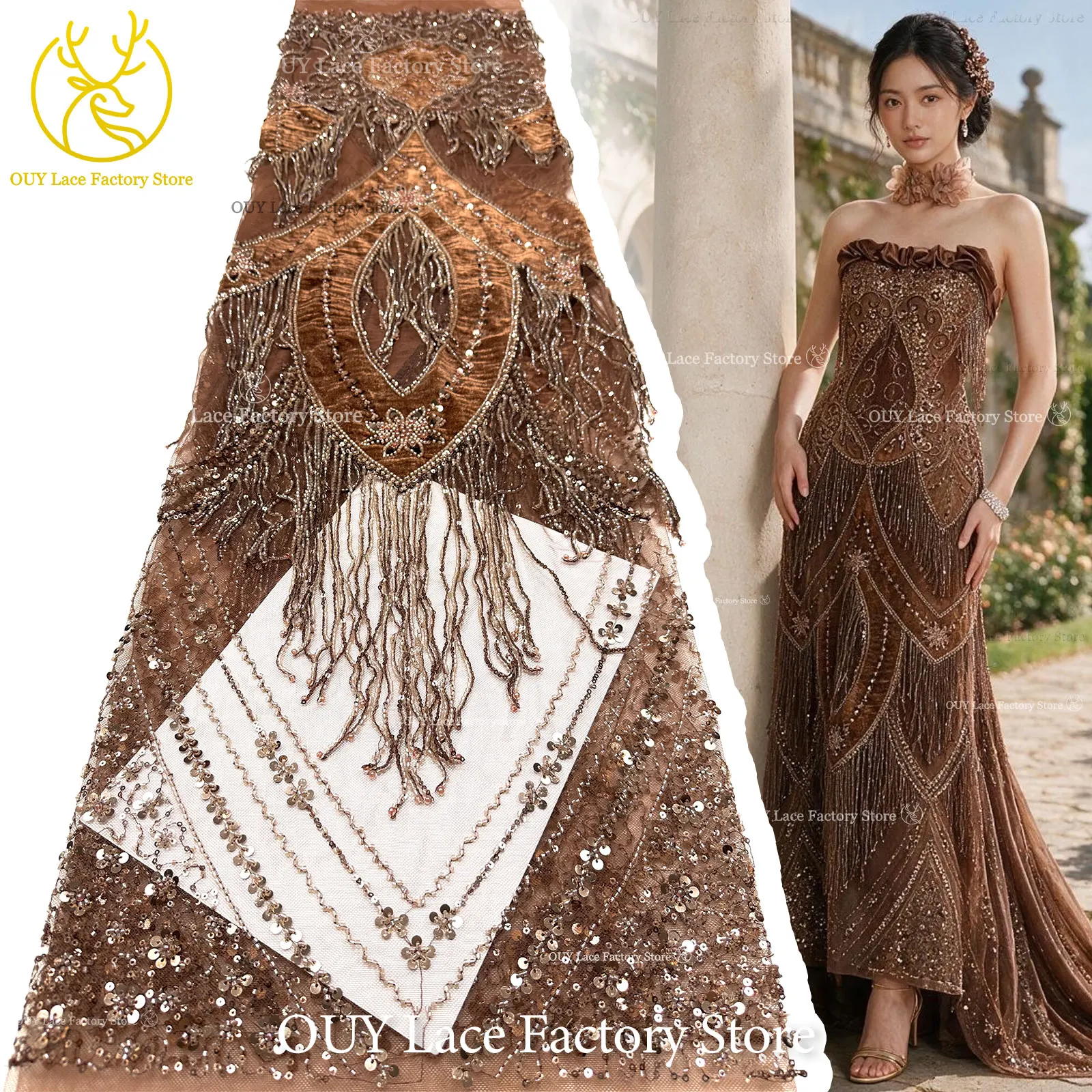 Embroidery Design 3D - ผ้าลูกไม้กำมะหยี่ 3D ประดับลูกปัดดีไซน์ใหม่, ผ้าลูกไม้ทูลล์ปักเลื่อมประณีต, ผ้าลูกไม้สำหรับชุดแต่งงาน, ชุดราตรี