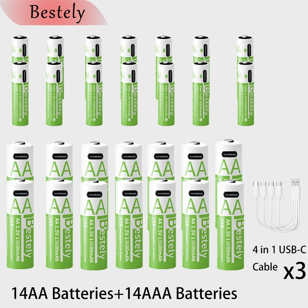 Nieuwe 1,5 V AA 13600 mAh + AAA 6800 mAh oplaadbare lithiumbatterijen Snel opladen Li-ionbatterij 2000 cycli met gratis USB-C-kabels