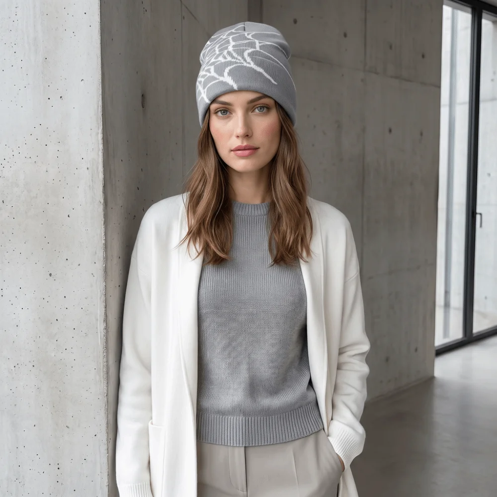 Y2K Soft Spider Web Pattern Be - Beanie Cuffed Knit 评论和价格