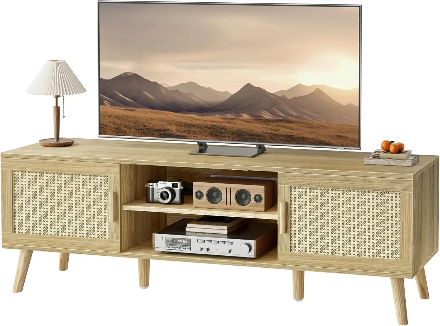 

Stand for 65 Inch TV, Entertainment Center with Adjustable Shelf, Rattan TV Console with Cabinets, Media Console,Solid Wood Feet