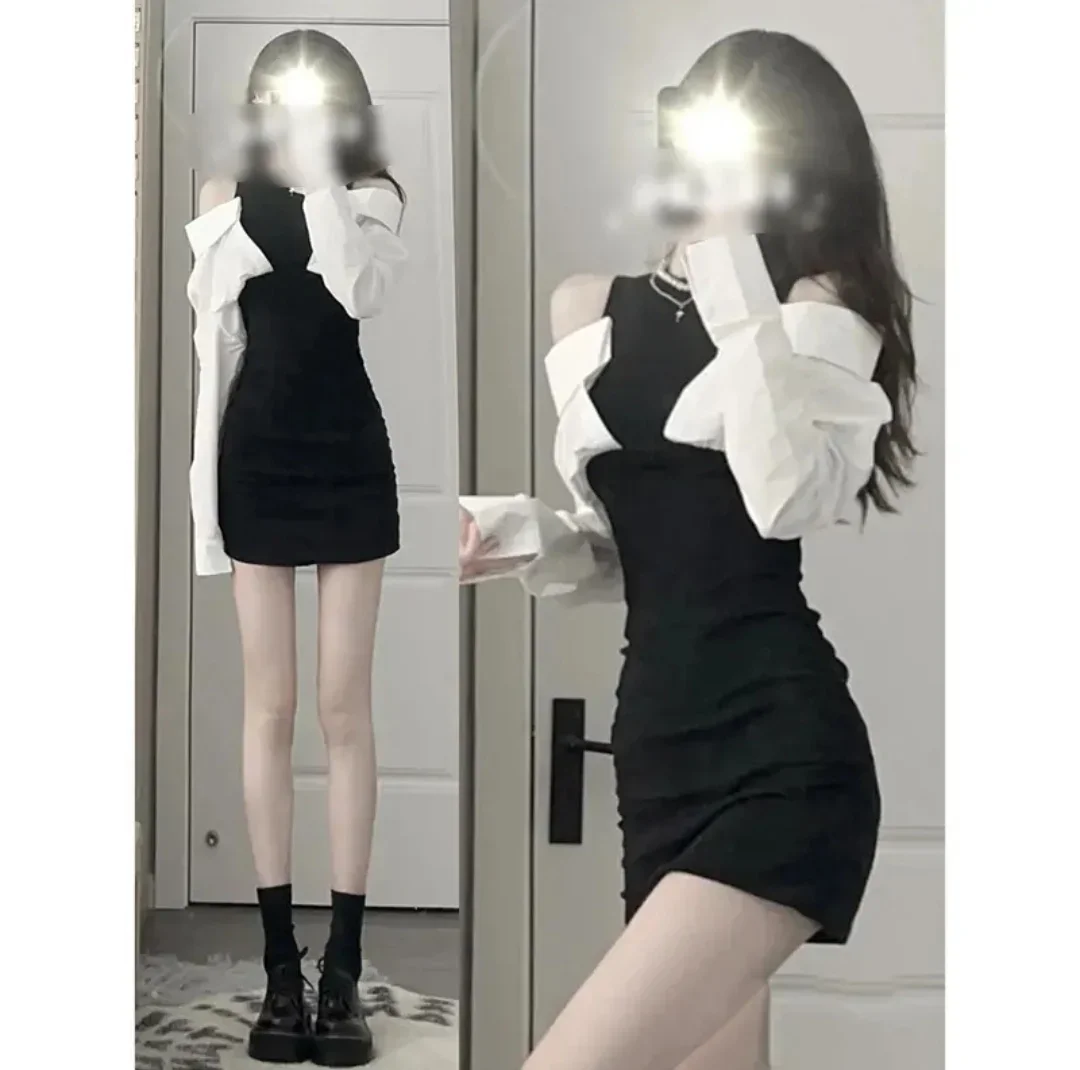 فستان Bodycon Y2k للنساء من فيستدوس دي موجر شيك مزيف اثنين تونك مثير رداء نسائي مكشوف الأكتاف فساتين قصيرة عصرية مثيرة