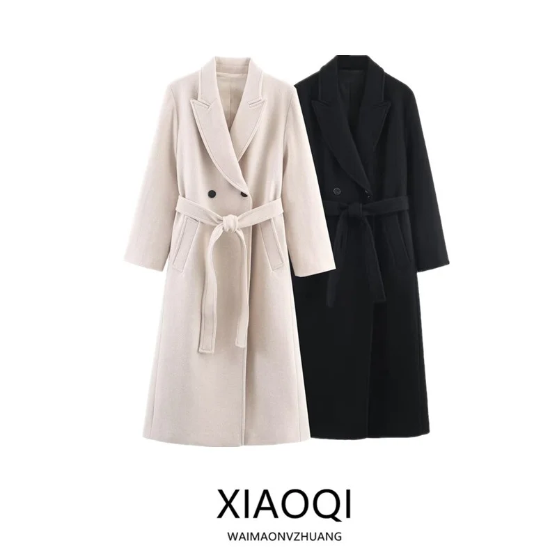 

Осень 2023, женское длинное свободное универсальное пальто-джат с поясом, Новое поступление, модный Ele Sle 84707