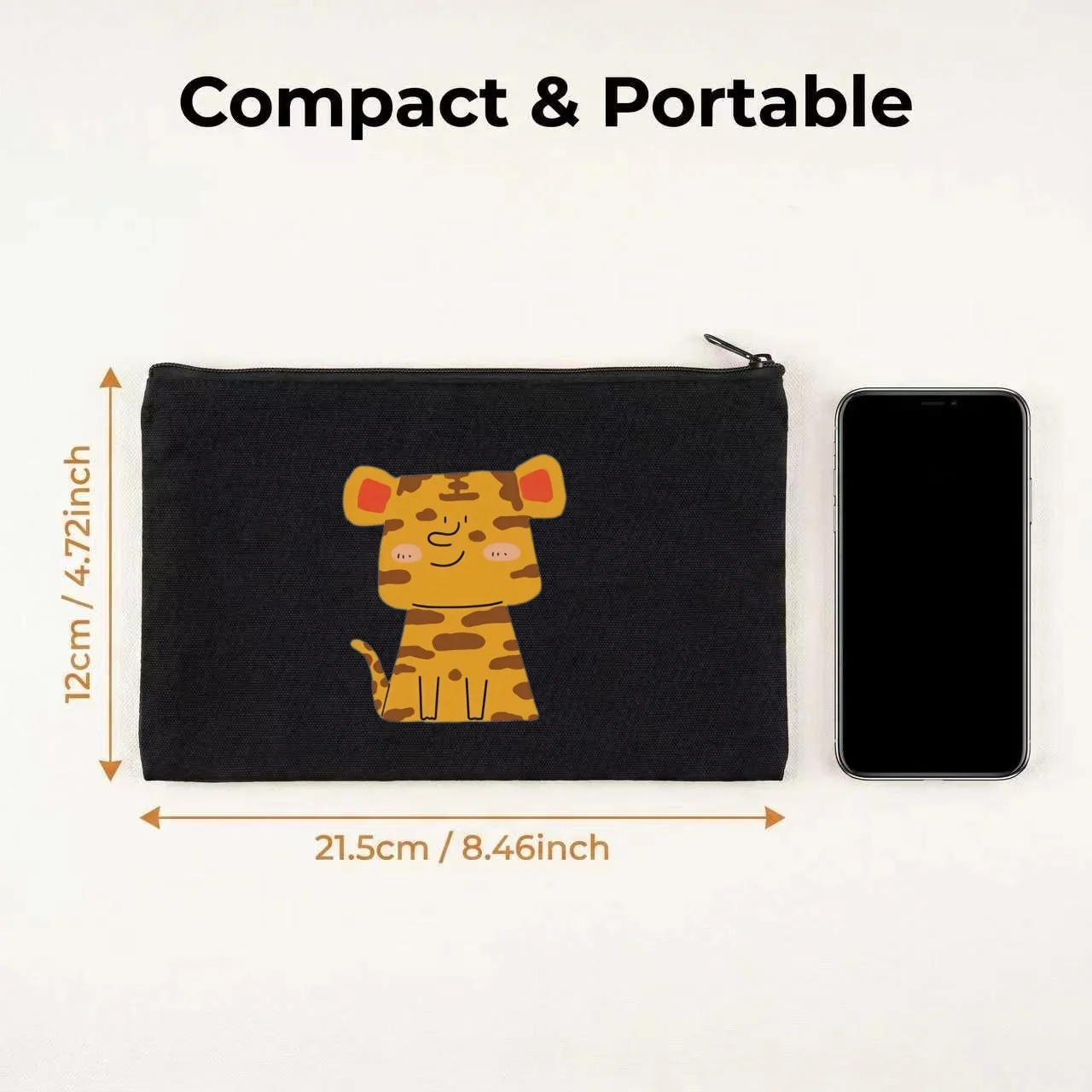 1PC Simple Cute Square Face Tiger Kids Print Makeup Bag Double Sided Canvas Daily Storage Organizer