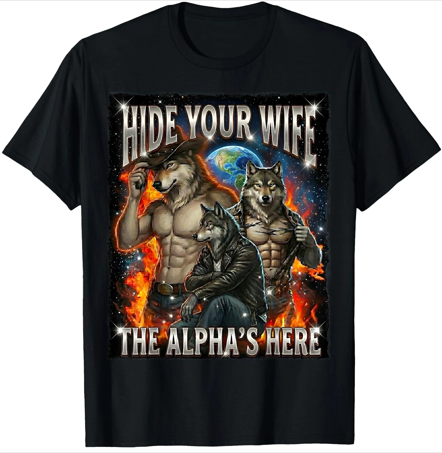 Fashion Hip Hop Casual Cotton Short Sleeve Hide Your Wife The Alpha Is Here Funny Werewolf Meme Graphic Print T-shirts Unisex