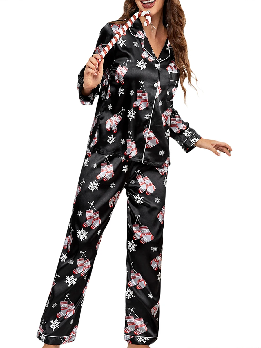 Women s 2 Piece Christmas Silk Pajama Set Long Sleeve Button Down Shirt And Loose Fit Pants Satin Loungewear Sets