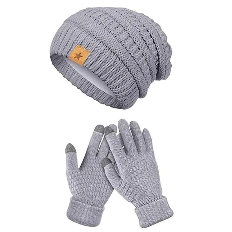 Gorro de invierno, guantes, gorros de invierno de punto de lana cálidos, conjunto de guantes para pantalla táctil, regalos de invierno para adultos unisex