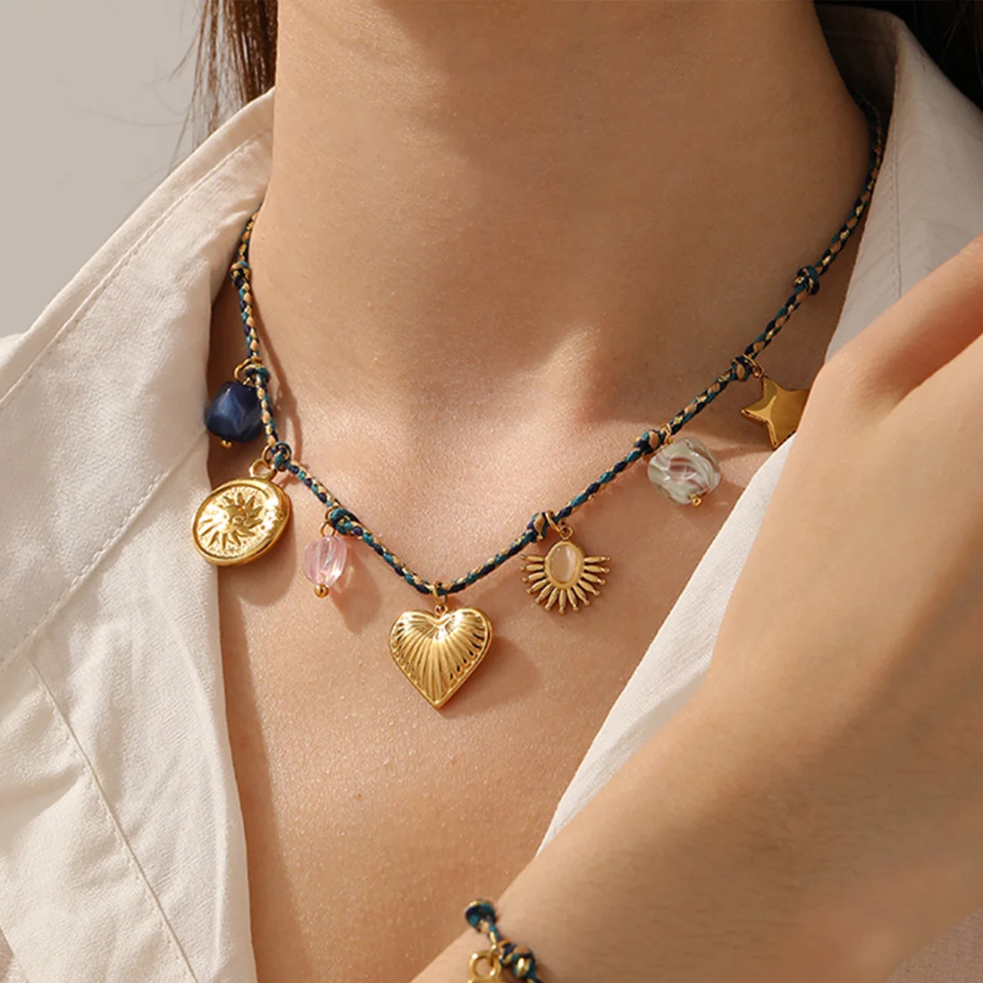 

DIEYURO 316L Stainless Steel Golden Stripes Heart Sun Moon Stars Necklace For Women Vintage Style Woven Rope Neck Chain Jewelry