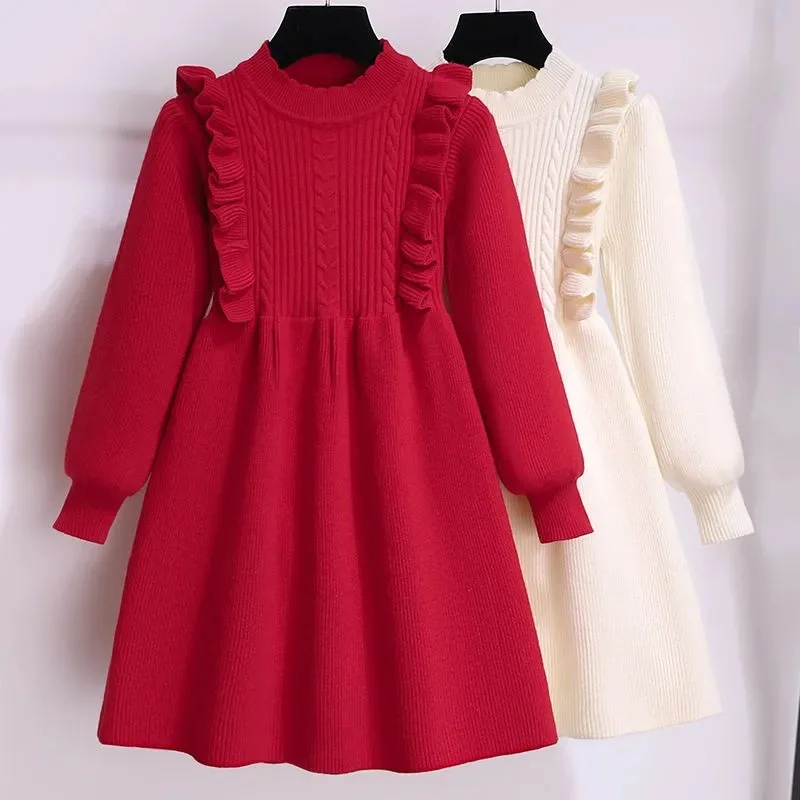 

Girls' Red Knitted Dress Autumn Winter New Sweet Princess Dress for Older Children Autumn Fashion Sweater Dress