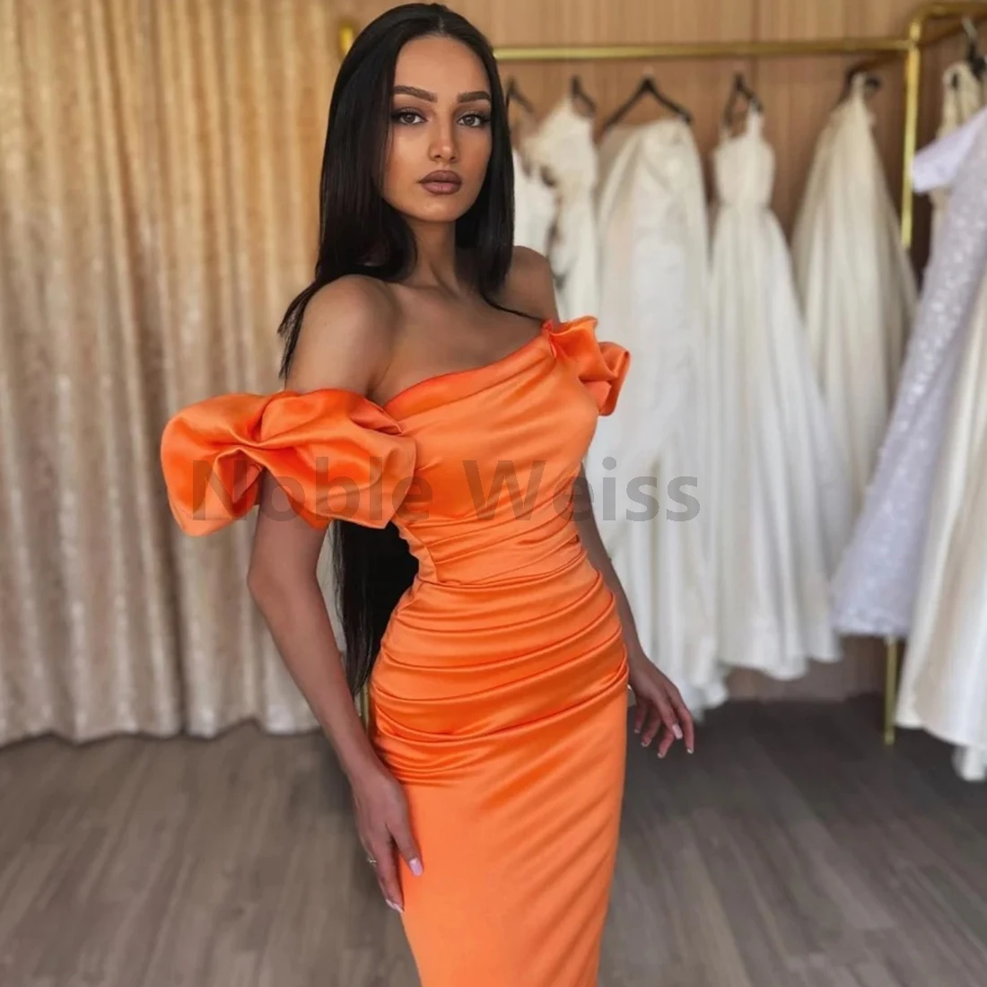 Vestido de fiesta de sirena de satén con hombros descubiertos, vestido de fiesta personalizado de trompeta plisado, personalizado