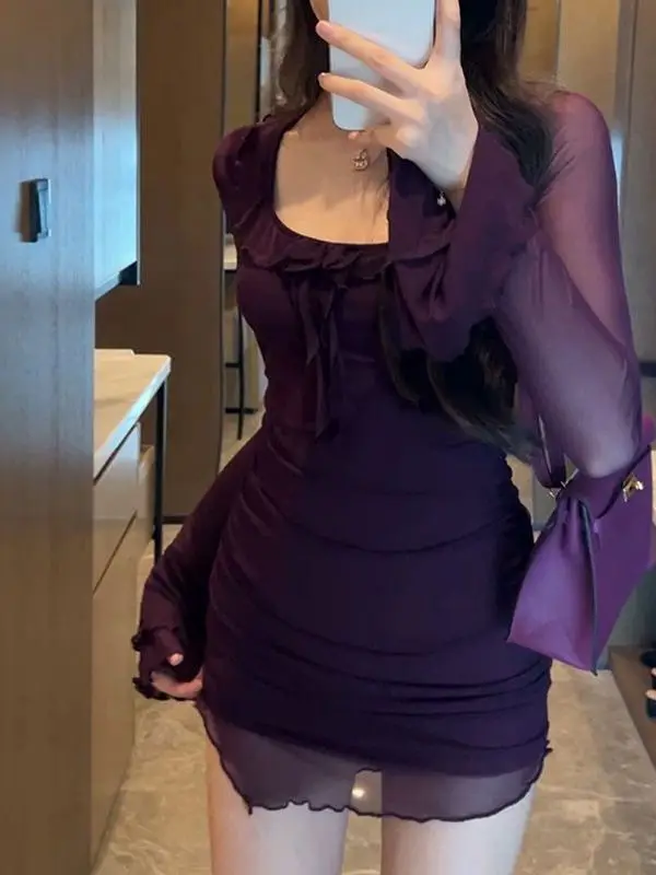 

plus Size Sexy Purple Dress Club Long Sleeve Autumn Winter Short Skirt Women Bodycon High Waist Polyester Fiber Nightclub Dress