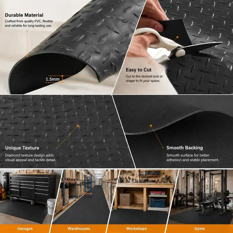 PVC Diamond Plate Garage Floor Mat,  Thick with Double-Sided Tape, Easy To Clean, for Warehouse Gym Trailer, Black