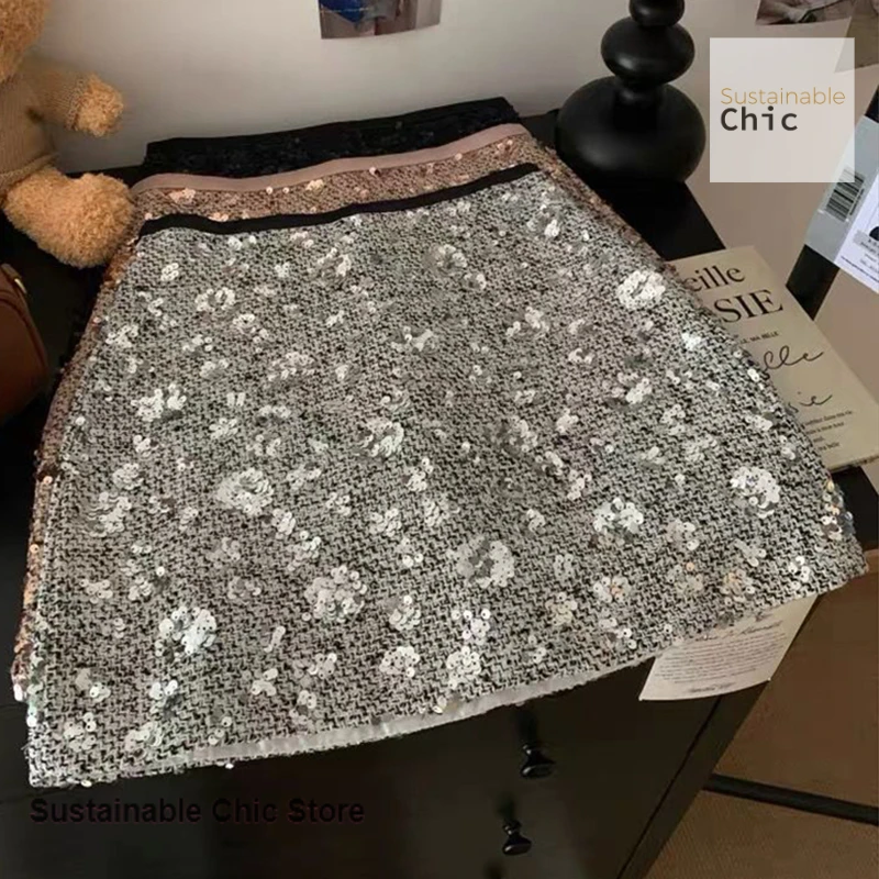 Jupe taille haute à paillettes scintillantes françaises, couleur assortie, nouvelle mode automne et hiver pour femmes, jupe Joker aux hanches.