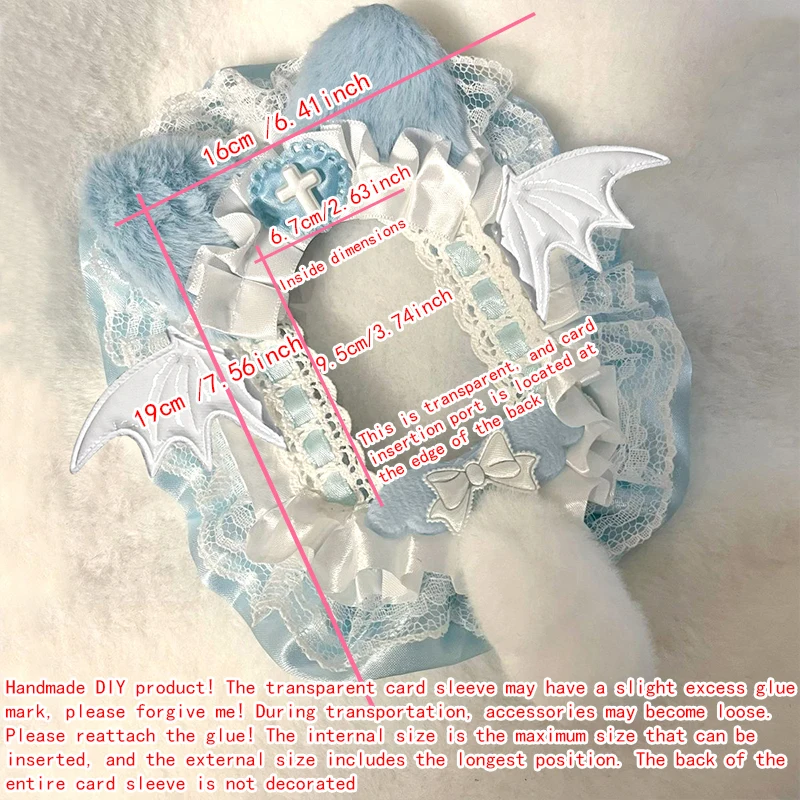 Lolita Photocard Holder, Light Blue‑White Tone, Furry Cat‑Ear, Plush Tail, Bat‑Wing, Satin Bow, Multi‑Layer Lace Ruffle Trim, Clear PVC View Window, 3‑Inch Card Sleeve