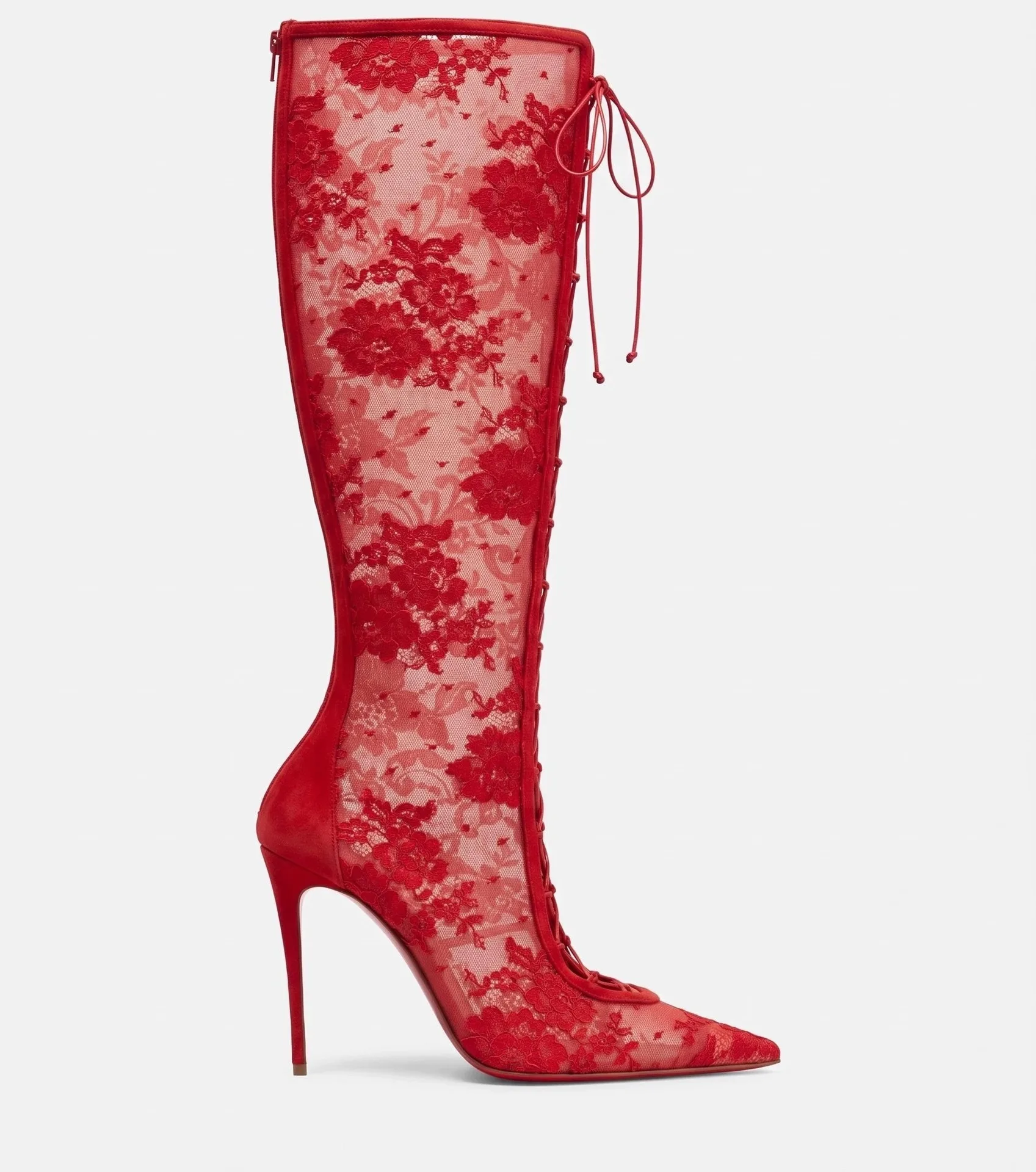 Spring and Summer Pointed Black Mesh Fine High Heels Knee Length Cool Boots Embroidered Lace Up Party Wedding Women's Boots