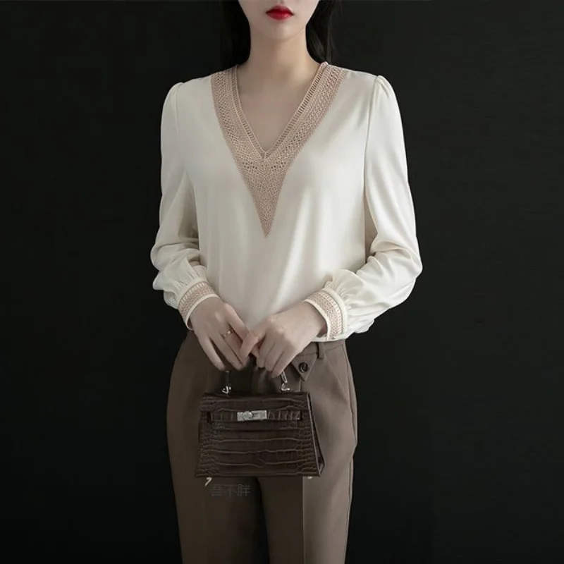 Spring New Temperament Patchwork Chiffon Shirt Tops Long Sleeve V Neck Solid Color Blouse Elegant Fashion Women Clothing