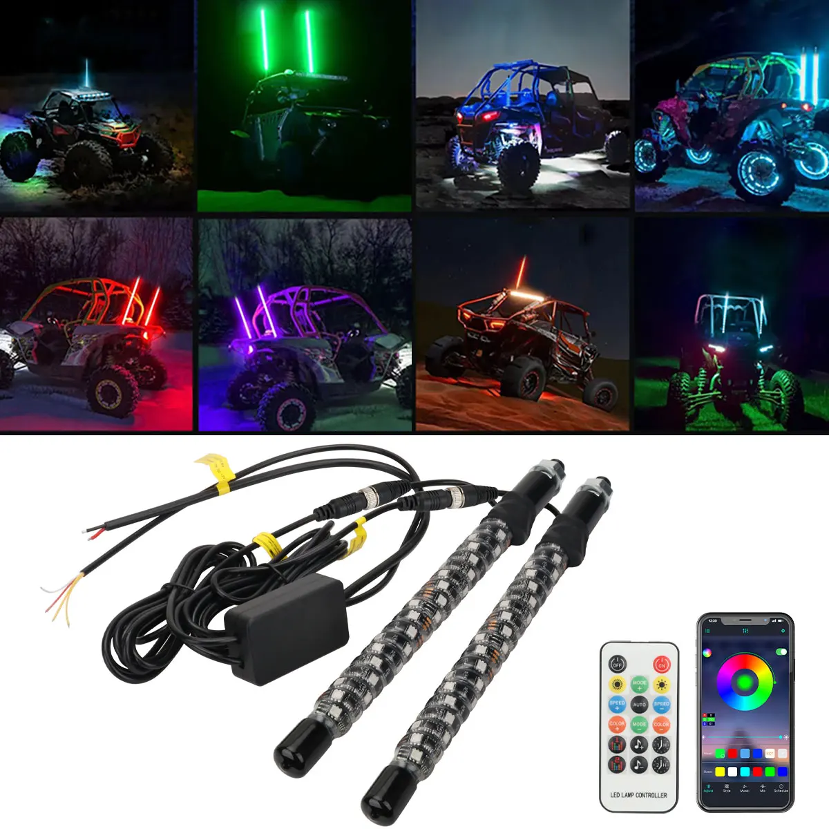 

30CM 2IN1 LED Flag Lamp Pole Whip Lights Symphony RGB Atmosphere Light Bar APP Remote Control For Car Truck SUV ATV UTV Offroad