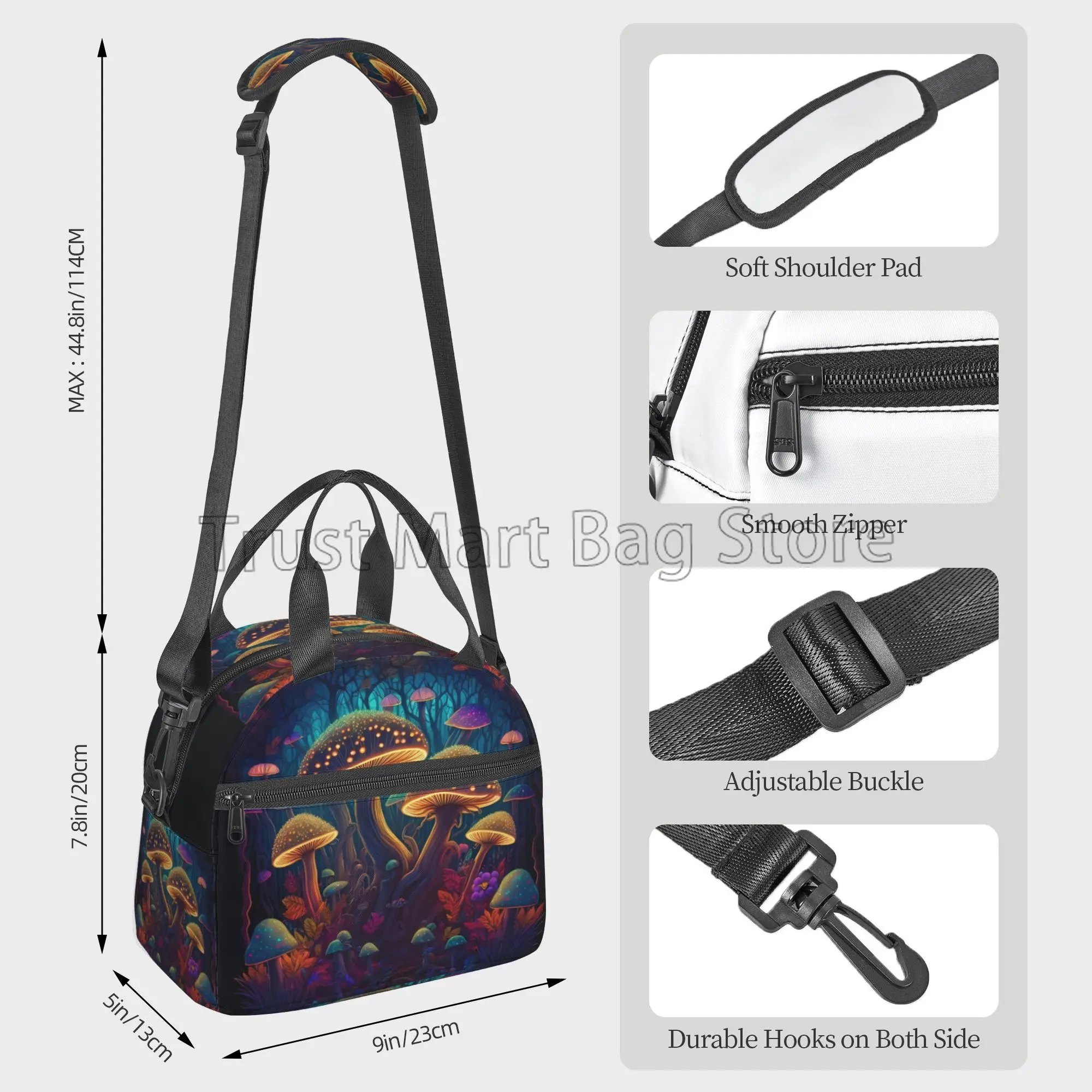 Forest Colorful Mushrooms Insulated Lunch Bag Reusable Waterproof Thermal Lunch Box with Shoulder Strap for Work Picnic Beach