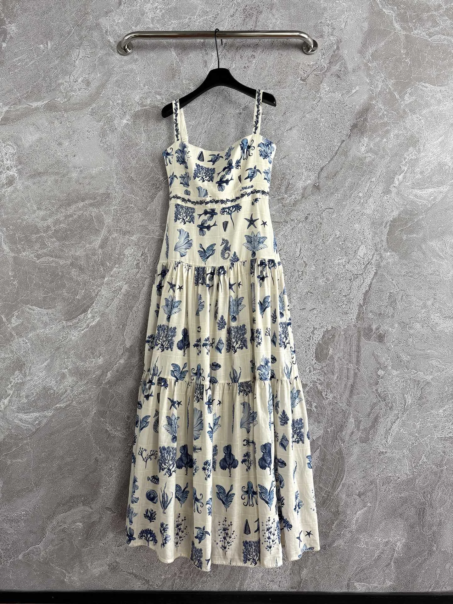 

Woman Clothes Linen White Blue Island Dream Print Sleeveless Embroidery Midi Dress