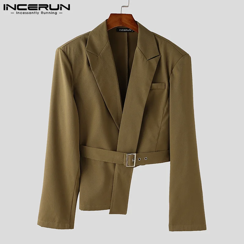 Incerun topos estilo coreano moda masculina desconstrução design cinto terno casaco casual simples masculino sólido manga comprida blazer S-5XL