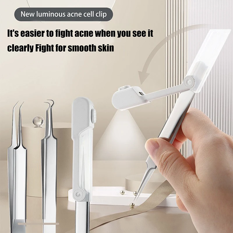 Clip de espinillas para espinillas de células con luces, pinzas de aguja para acné, Extractor de acné y comedones, herramienta de eliminación de agujas para acné