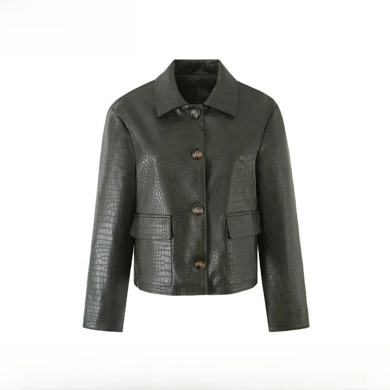 Early Autumn New Arrival Women's Fashion Simple Casual Collar Leather Jacket Coat Polyester Fiber Short Sleeve Button Closure