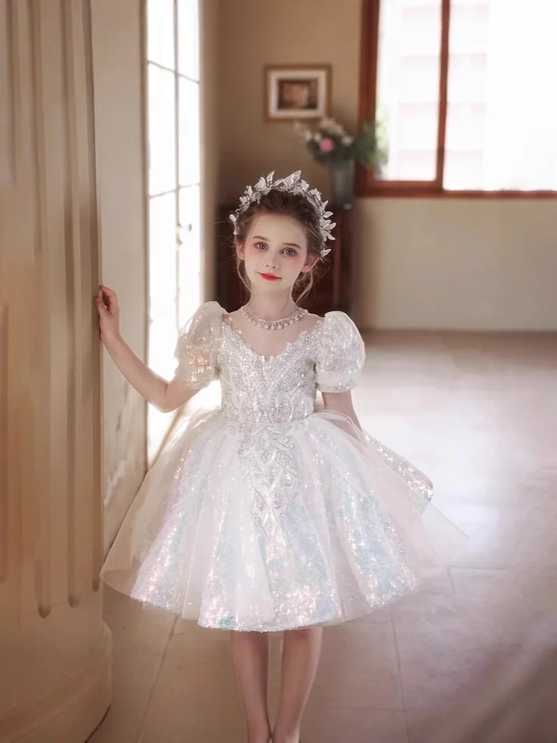 

Girl Dresses New White Flower Girl Wedding Party Dress Round Neck Short Princess Gowns Beauty Pageant Sequined Gown Customized