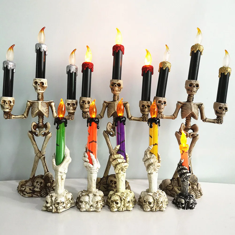 3pcs Led Flashing Light Halloween Skull Hand Decor Orange Purple Green Flameless Wax Lamp For Spooky Party Haunted