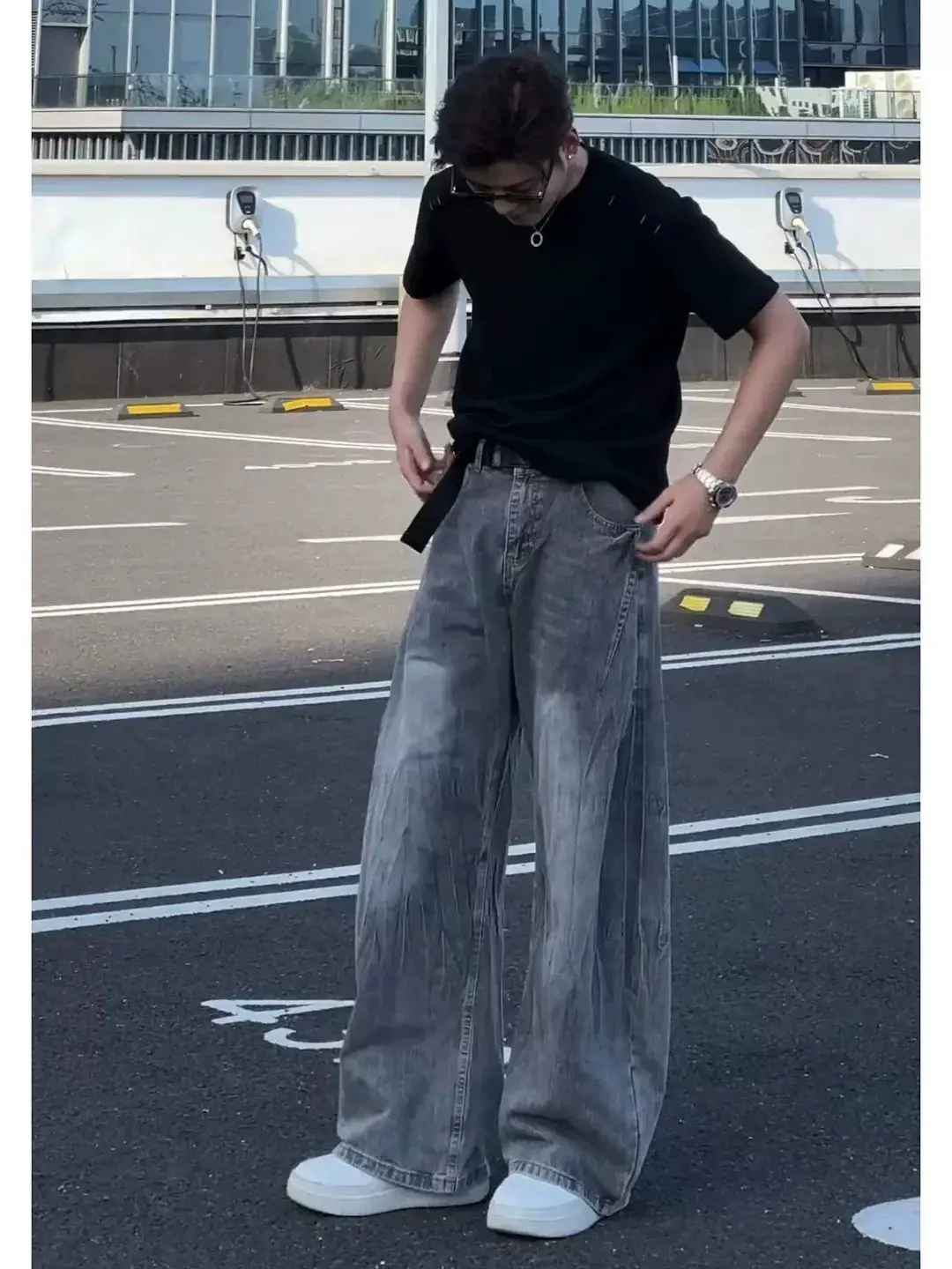 Smoke Grey Lightning Bamboo Fiber Men's Jeans Trendy Spring Autumn Style Wide Leg Knife Workwear Casual Straight Cut Jeans