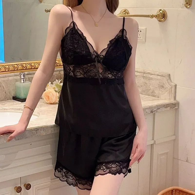 Mesh and High-quality Loungewear Silk Homewear High-grade Ice Silk Pajamas Women's Latest Summer Suspenders Shorts Sleepwear