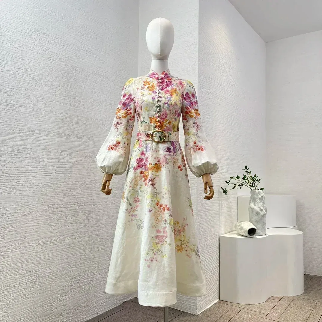 

High Quality Long Lantern Sleeve Vintage 2024 New White Floral Print Belted Linen Women Midi Dress