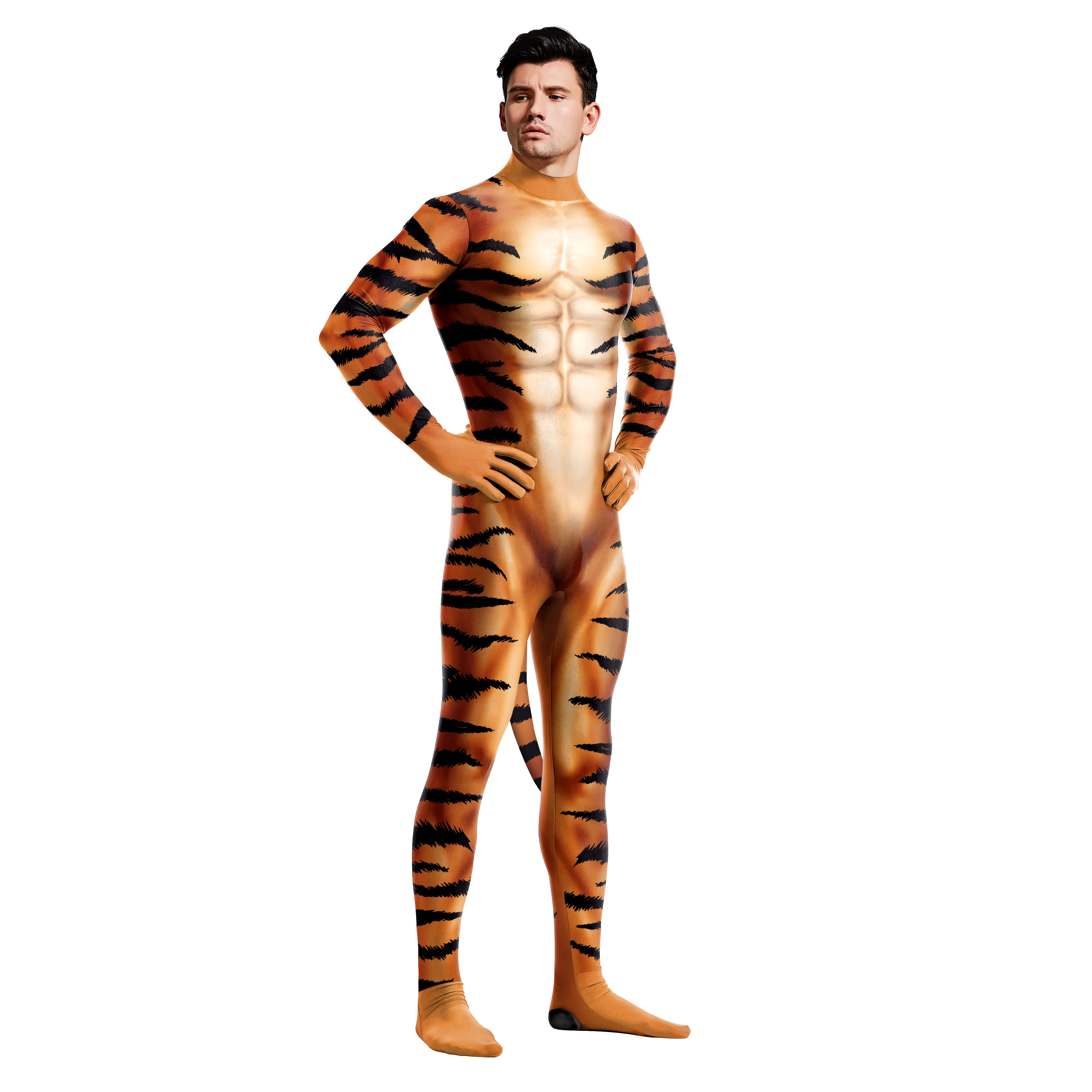 Zawaland disfraz de tigre divertido para hombre, traje de mascota peluda con cola, Purim, ropa de fiesta de Halloween, mono Zentai de Animal