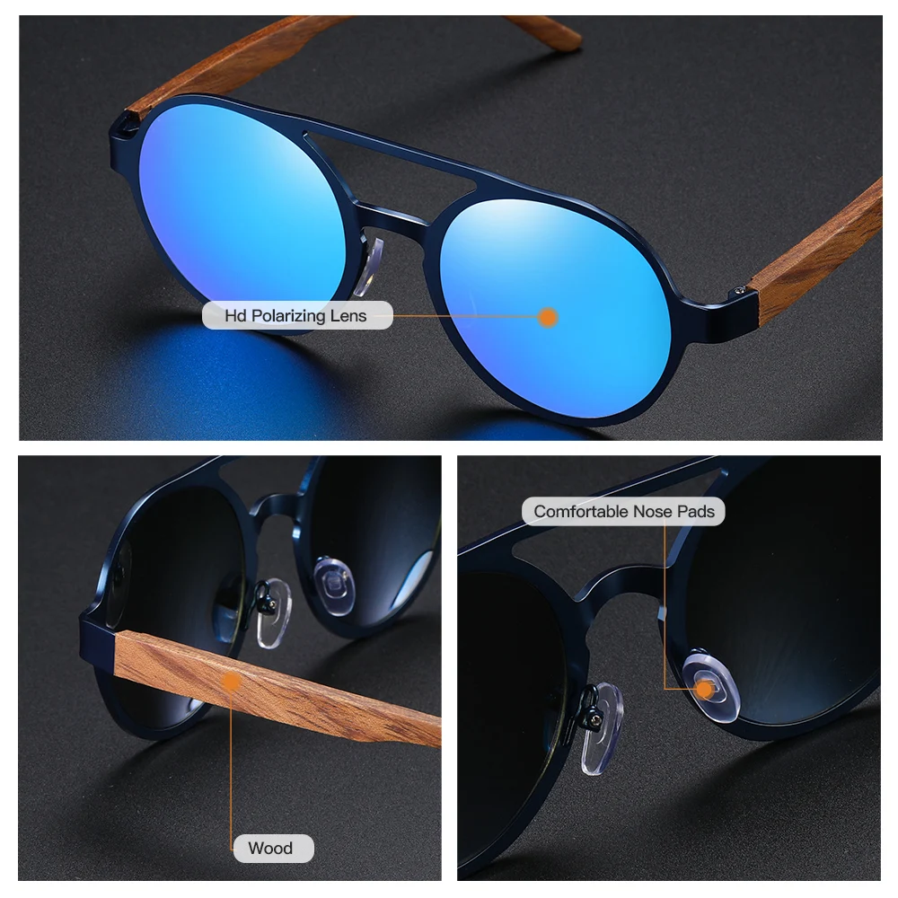 GM Classic Wood and Bamboo Sunglasses Round Metal frame Black Walnut Metal Driving Luxury sunglasses UV400 polarizing Glasses