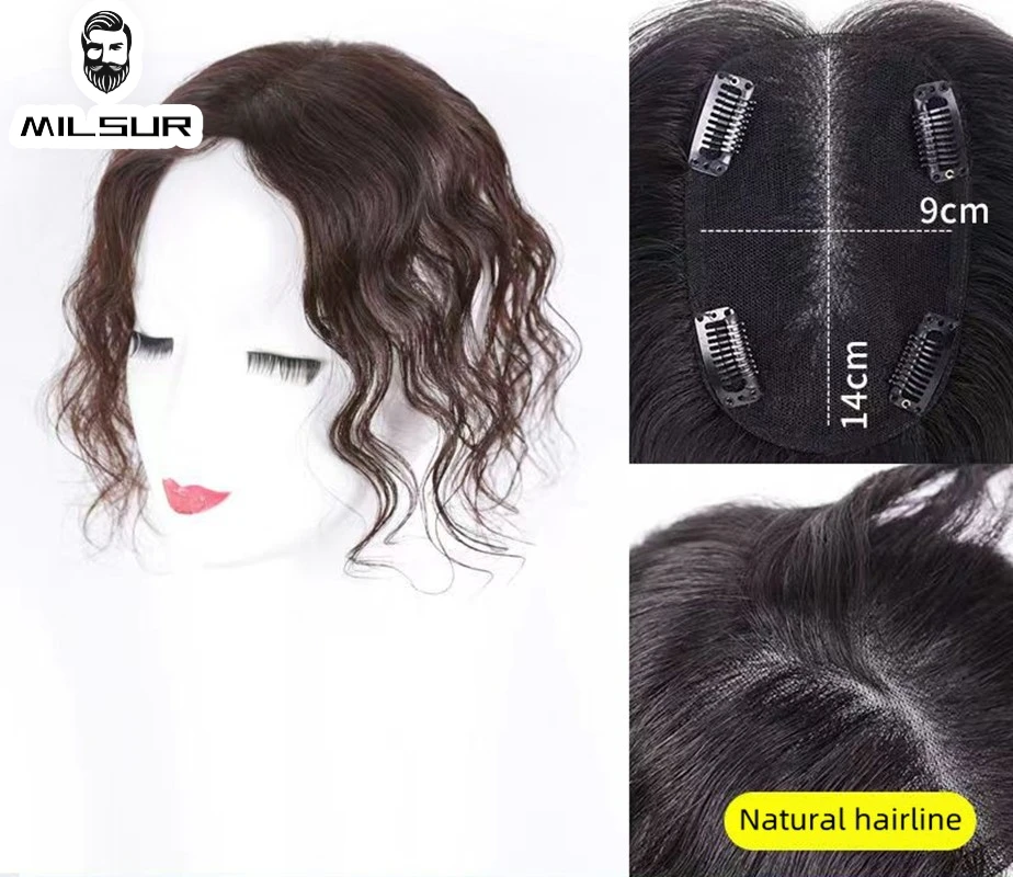 Customize Women Topper Breathable Human Hair Piece Hand Made Swiss Net Lady Natural Clips Topper 13x14cm Curly Hair