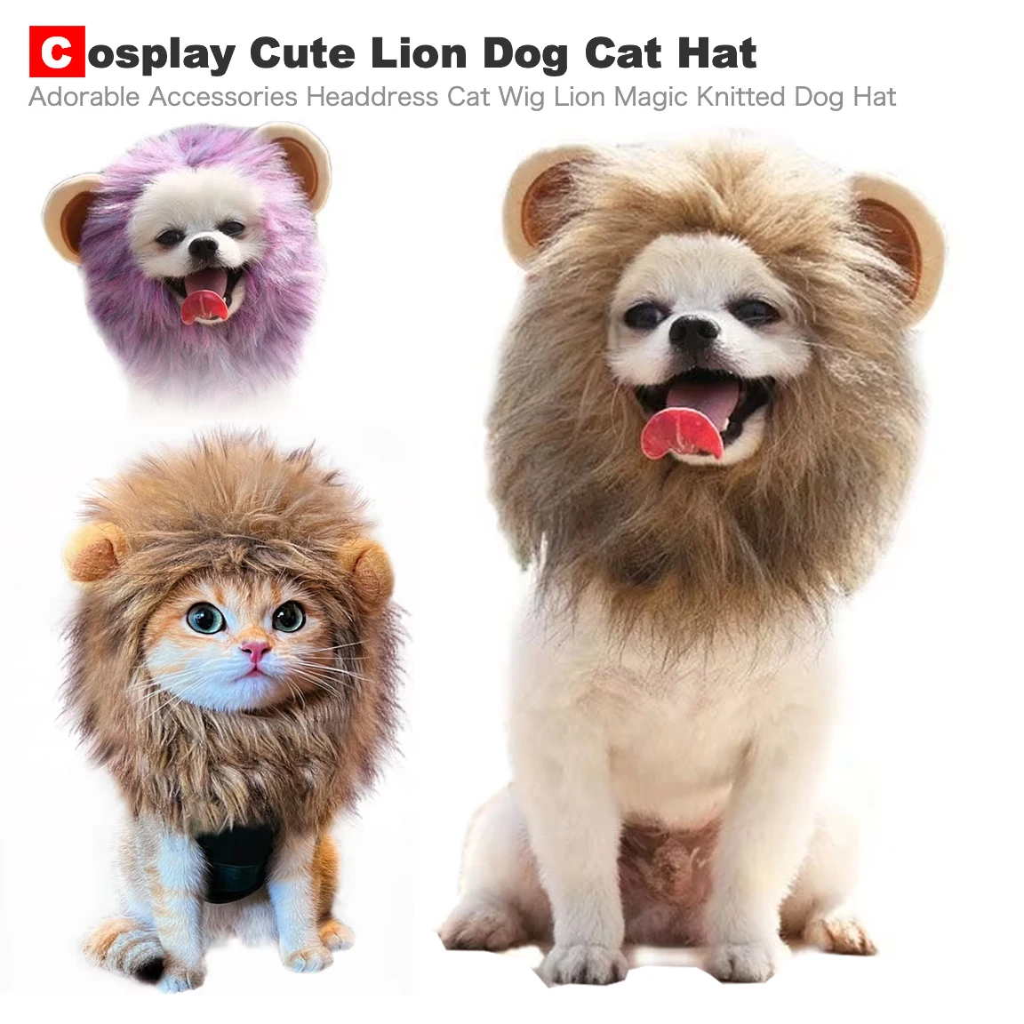 

Funny Lion Mane Cat Wig Headdress Adjustable Magic Puppy Wig Hat Pet Washable Winter Hats Halloween Cosplay Dog Costume Headwear