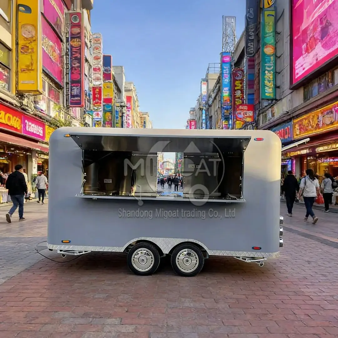 Outdoor Street Vending Mobile Food Trailer with Stainless Steel Workbench 4-Wheel Towable Snack Cart Catering Trailer