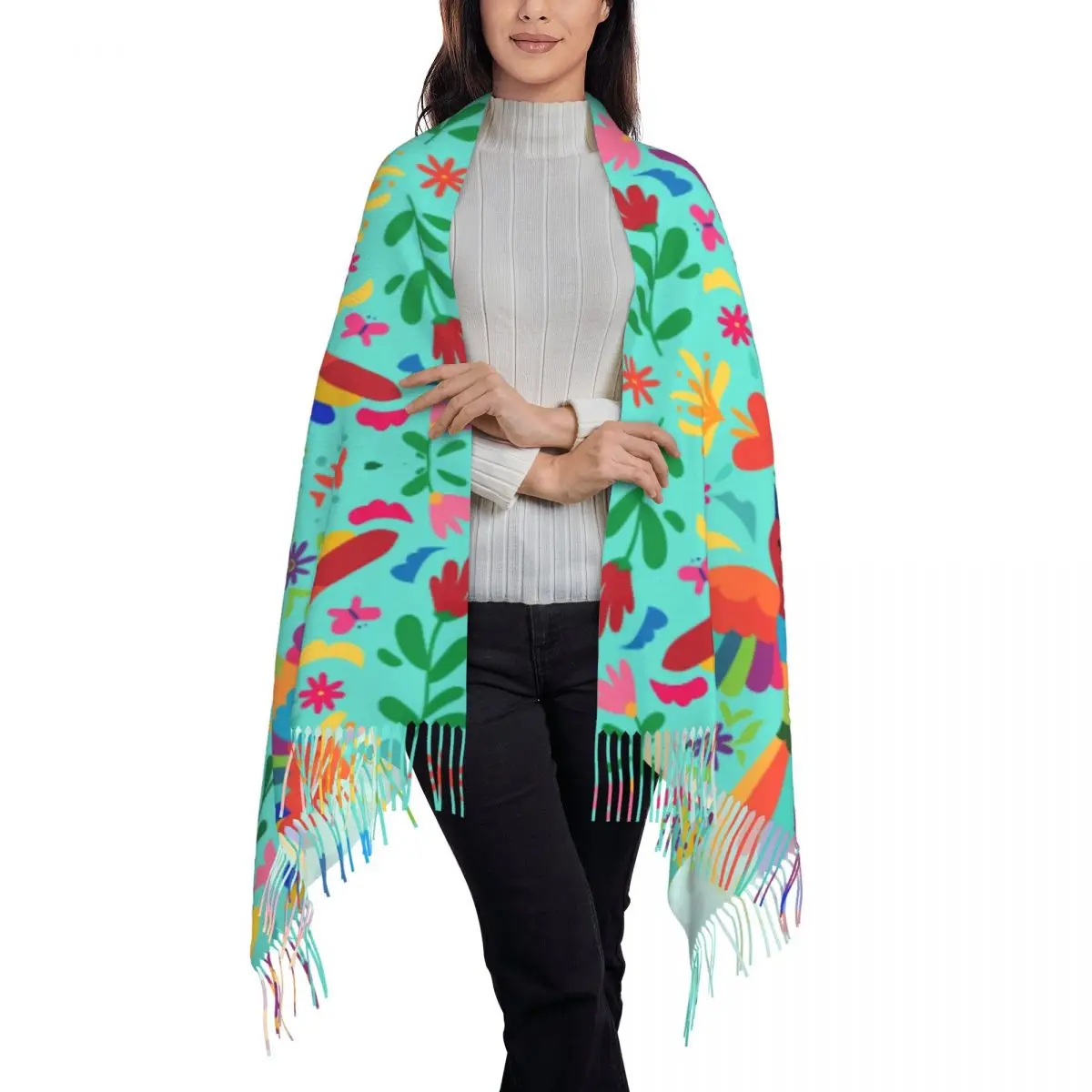 Best Art Mexican Embroidery Floral Carnaval Seamless Tassel Scarf Winter Fall Warm Shawl Wrap Lady Traditional Mexico Scarves