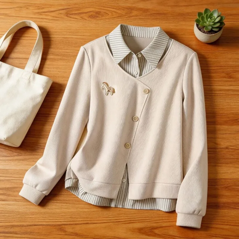 Women Early Spring Fake Two Piece Sweatshirt Striped Spliced Lapel Casual Slim Fit Long Sleeve Top