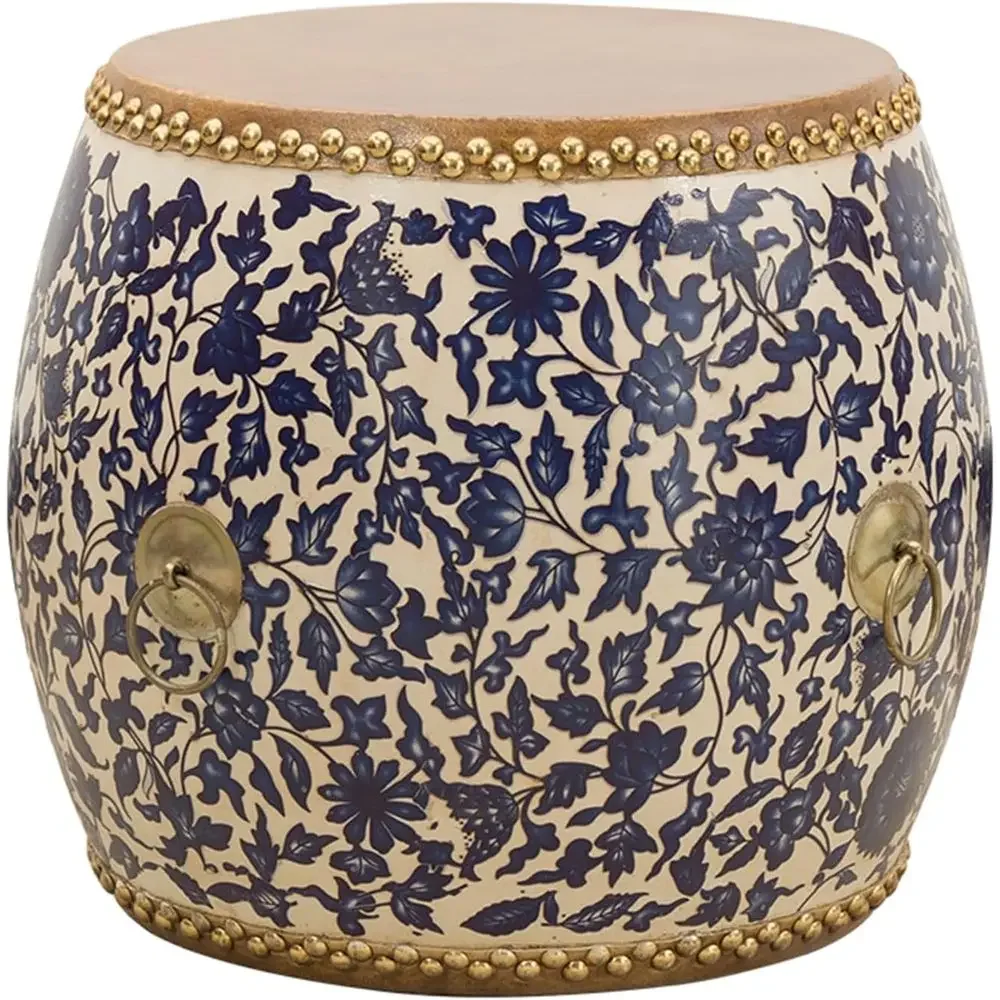 Hand-Painted Glazed Ceramic Garden Stool, White Base, Suitable for Indoor and Outdoor Use