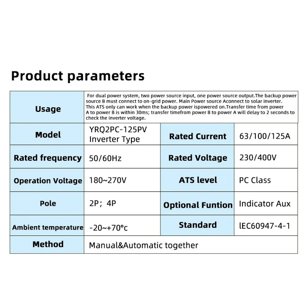 Photovoltaic and Generator Compatible 4P Automatic Transfer Switch PC Enclosure 63A 100A 125A Dual Power Input Design