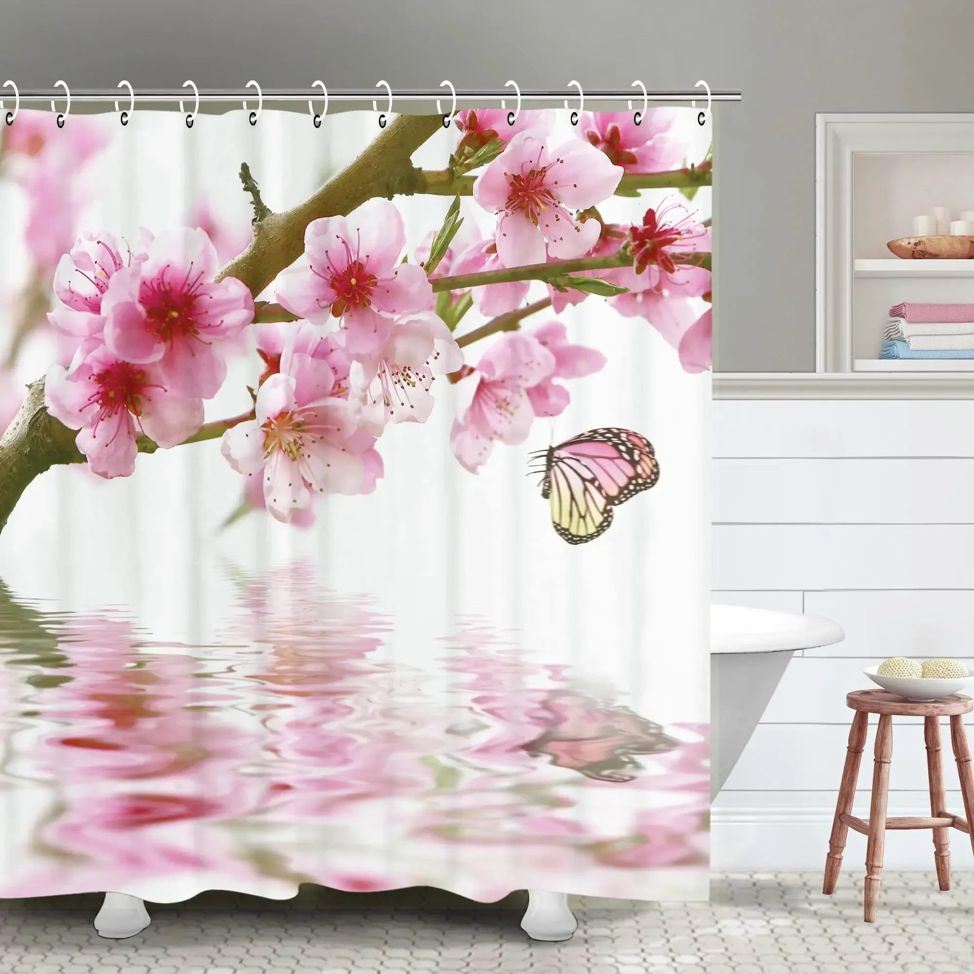 Pink Cherry Blossom Peach Blossoms Shower Curtain Set Flowers White Background Girl Bathroom Polyester Cloth Screen 12 With Hook