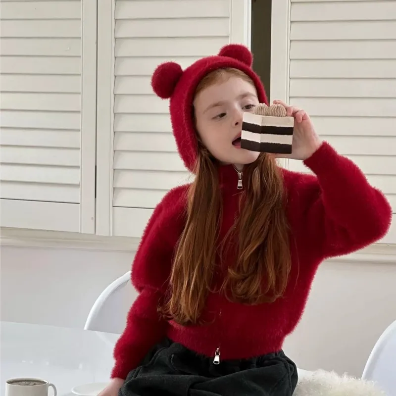 Girl Mink Fleece Jacket Autumn Winter New Children Clothing Korean Children Hooded Three-dimensional Ear Short Jacket
