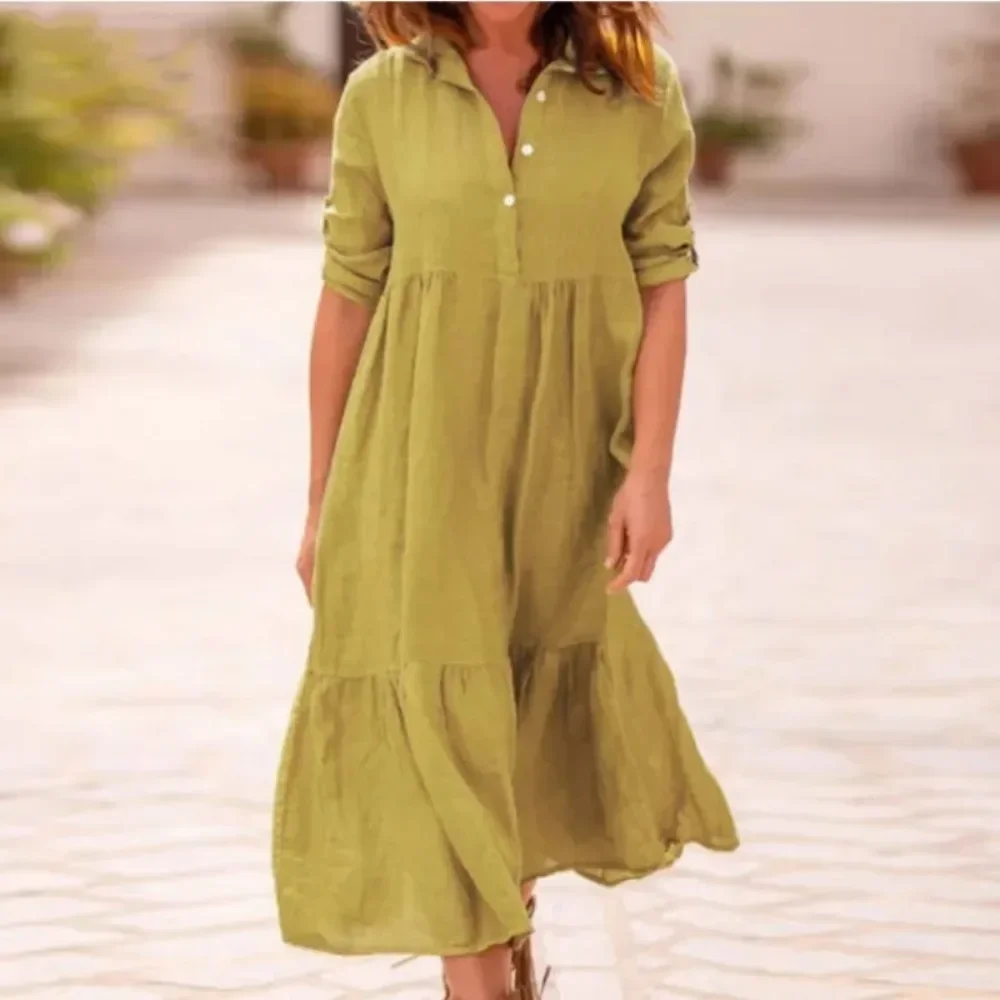 Spring/Summer Women\'s s-5XL Plus Size Elegant Loose Cotton Dress with Flip Collar Twist Button Half Sleeve Solid Color Casual