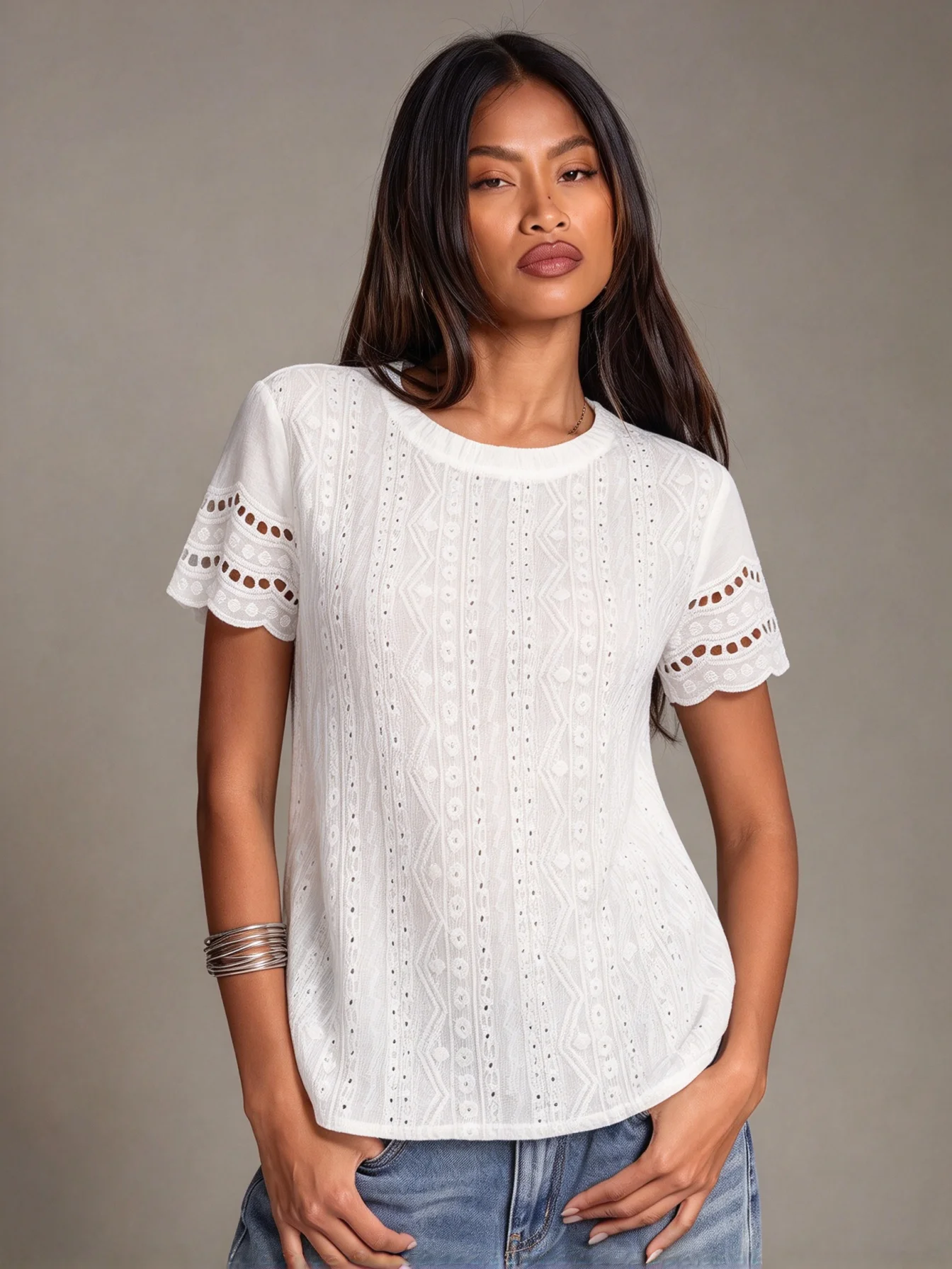 Women Crew Neck Eyelet Embroidery Short Sleeve Top Scalloped Hollow Out Blouse Loose Casual Shirt