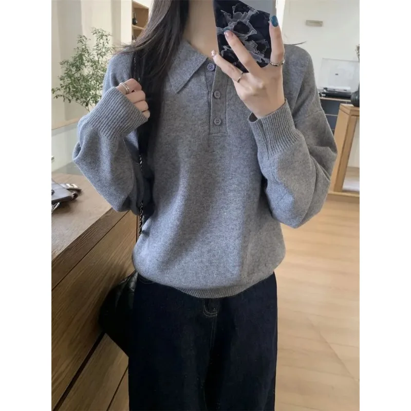 Retro Korean Polo Collar Sweater Women Autumn Winter Loose Sweater Top Pullover Sweater