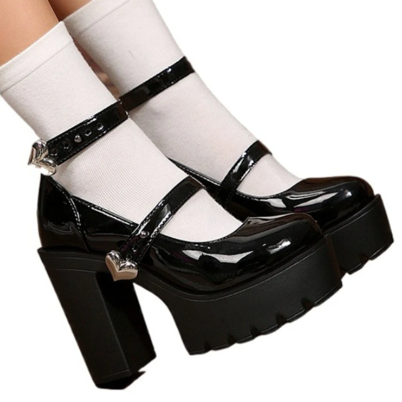 Punk Goth Ankle Strap Platform Mary Jane Shoes Ladies Patent Leather Chunky Sole Super High Heels Cool Lolita Party Pumps Mujer