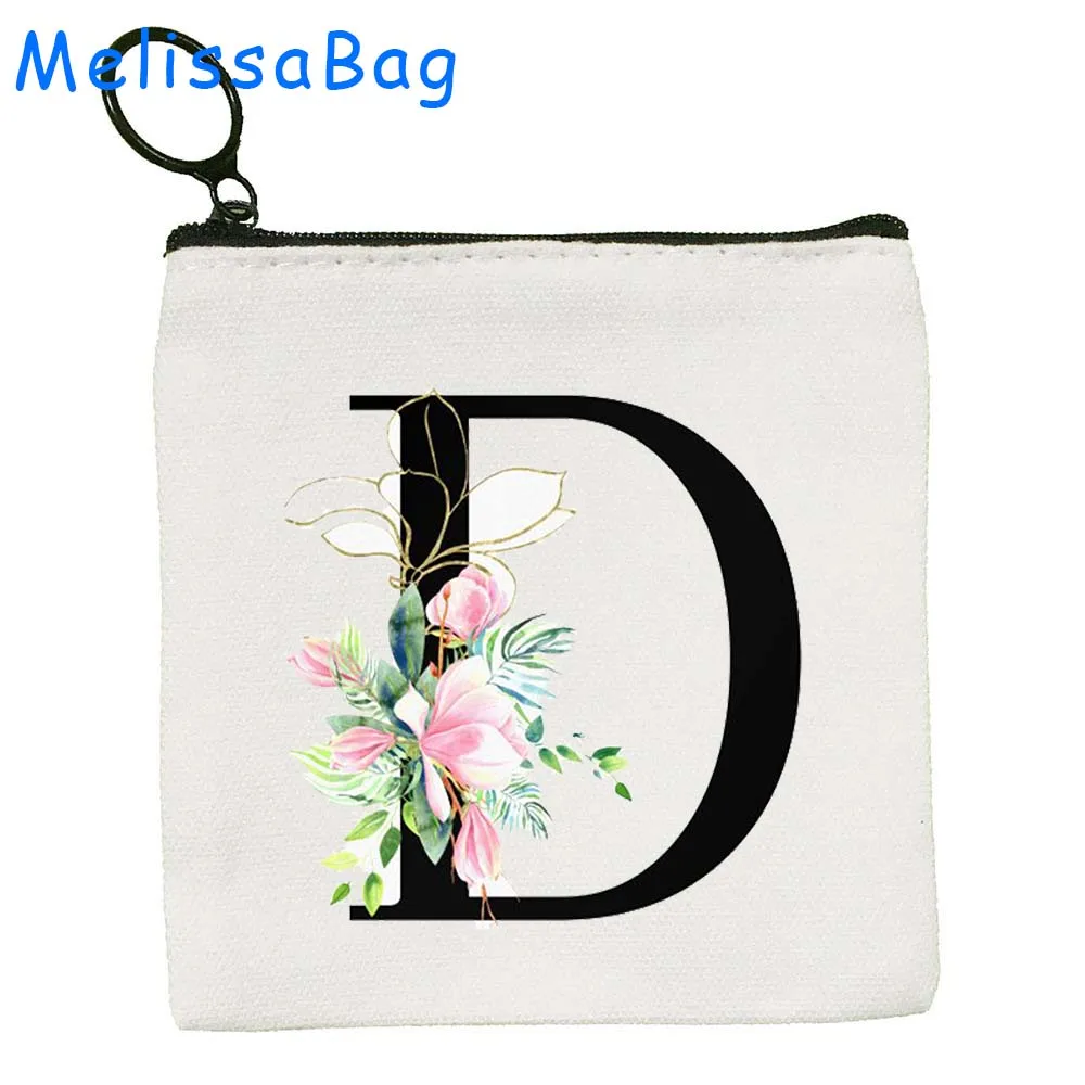 Bolsa floral de lona do monograma, Saco chave, Carteira, Bolsa com zíper, floral bonito, letra inicial A a Z, presente do alfabeto, flor bonita