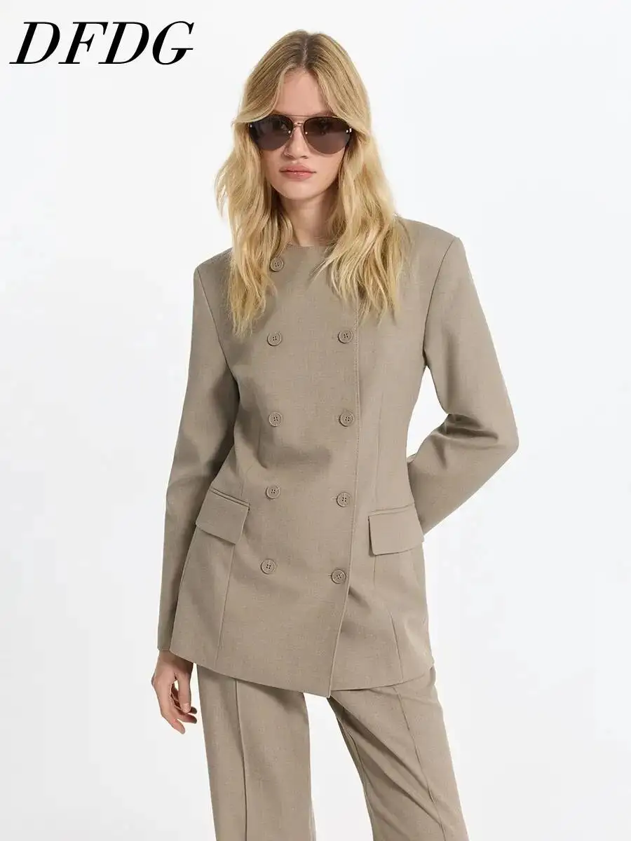 

DFDG Women 2026 Spring Autumn Crew Neck Blazer Double Breasted Flap Pockets Structured Shoulder Long Line Formal Office Jacket