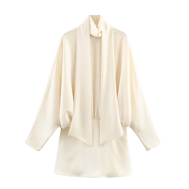 Elegante mini abito in raso per le donne Moda sciarpa colletto manica a pipistrello abito corto Lady 2025 abiti da sera chic per feste autunnali